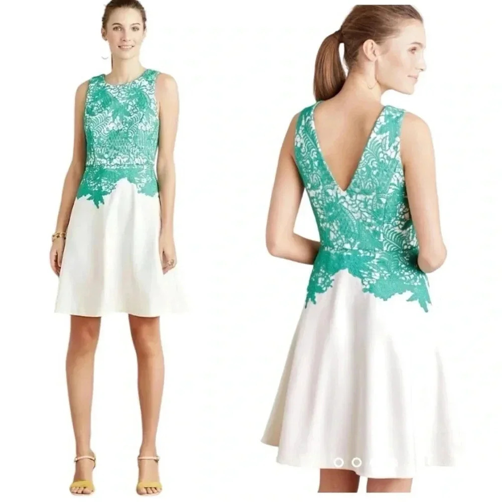 ANTHROPOLOGIE MOULINETTE SOEURS | Arbor Ivory Green Lace Fit Flare Dress Size 8